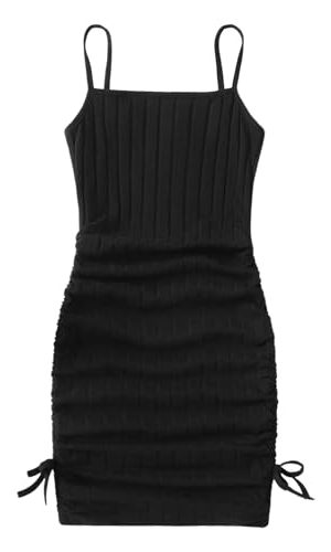 Girl's Spaghetti Strap Ribbed Knit Drawstring Side Ruched Bodycon Cami Dress
