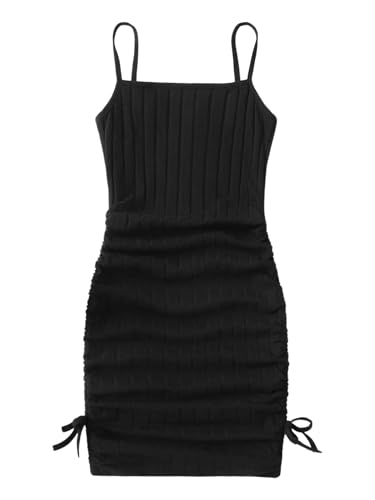 Girl's Spaghetti Strap Ribbed Knit Drawstring Side Ruched Bodycon Cami Dress