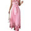 Women's Summer Floral Halter Maxi Dress Sleeveless Pleated A Line Flowy Belted Long Dresses