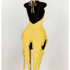 Women's Summer Halter Dress Sexy Deep V Neck Backless Ruffle Asymmetric Hem Bodycon Party Club Midi Dresses
