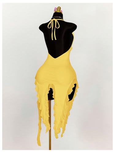 Women's Summer Halter Dress Sexy Deep V Neck Backless Ruffle Asymmetric Hem Bodycon Party Club Midi Dresses