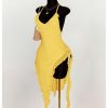 Women's Summer Halter Dress Sexy Deep V Neck Backless Ruffle Asymmetric Hem Bodycon Party Club Midi Dresses