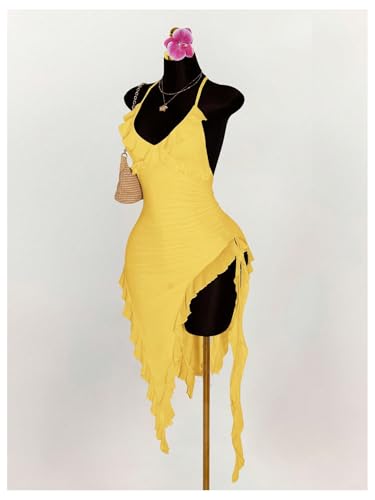 Women's Summer Halter Dress Sexy Deep V Neck Backless Ruffle Asymmetric Hem Bodycon Party Club Midi Dresses