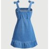 31coIe0sEYL.jpg Girl's Sleeveless Ruched Ruffle Hem Denim Dress Bow Cute A Line Summer Dress