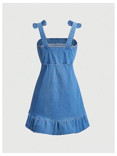 31coIe0sEYL.jpg Girl's Sleeveless Ruched Ruffle Hem Denim Dress Bow Cute A Line Summer Dress
