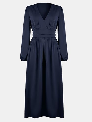 31gqOClQOYL.jpg Fall Dresses for Women V Neck Long Sleeve Tunic Waist Slit Solid Color A Line Midi Casual Dress