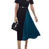 Women's Color Block Pleated Dress Casual Short Sleeve Round Neck A Line Midi Dresses