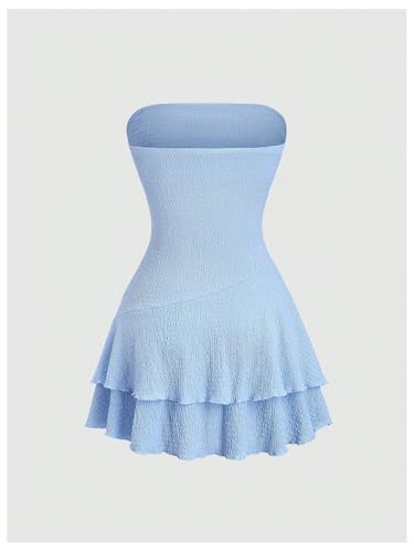 Women's Summer Strapless Tube Mini Dress Off The Shoulder Ruffle Flowy Party Beach Dresses