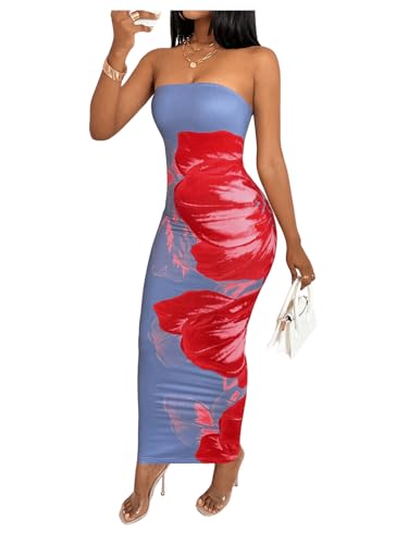 Women's Floral Print Tube Bodycon Long Dress Strapless Sleeveless Summer Maxi Dresses