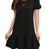 Women's Short Puff Sleeve Ruffle Hem Mini Dress Casual Round Neck Solid Smock Dress