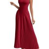 Women's Maxi Dress Sleeveless Pleated A Line Mock Neck Flowy Long Dresses
