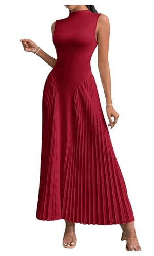 Women's Maxi Dress Sleeveless Pleated A Line Mock Neck Flowy Long Dresses
