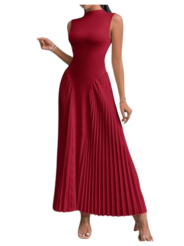 Women's Maxi Dress Sleeveless Pleated A Line Mock Neck Flowy Long Dresses