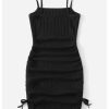 Girl's Spaghetti Strap Ribbed Knit Drawstring Side Ruched Bodycon Cami Dress