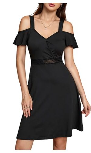 Women's Cold Shoulder A line Dresses V Neck Ruffle Short Sleeve Cut Out Short Dress