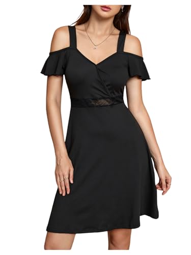 31lLrLcZsWL.jpg Women's Cold Shoulder A line Dresses V Neck Ruffle Short Sleeve Cut Out Short Dress