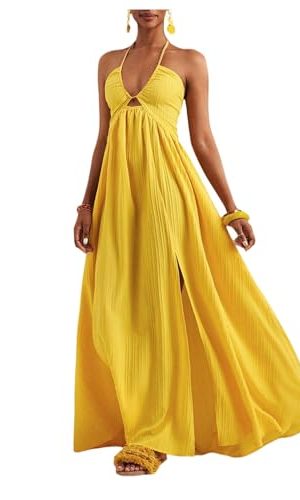 Women's Summer Halter Maxi Dress Sleeveless V Neck Split A Line Flowy Long Dresses Vacation Sundress