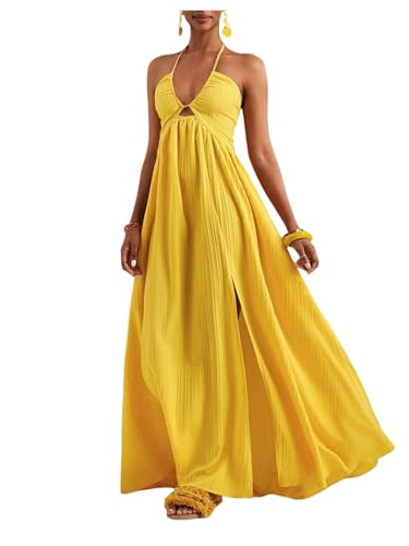 Women's Summer Halter Maxi Dress Sleeveless V Neck Split A Line Flowy Long Dresses Vacation Sundress