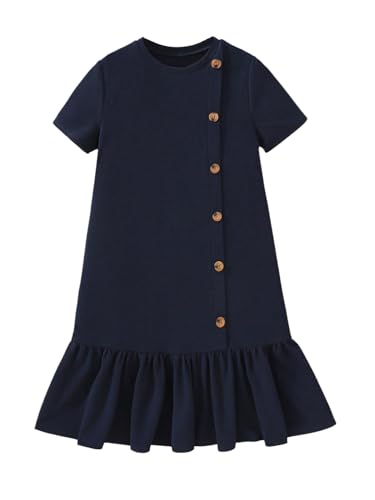 Girl's Ruffle A Line Midi Dress Button Crew Neck Short Sleeve Dresses