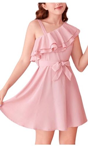 Girl's Sleeveless Ruffle Dresses High Waisted A Line Summer Dress with Belt