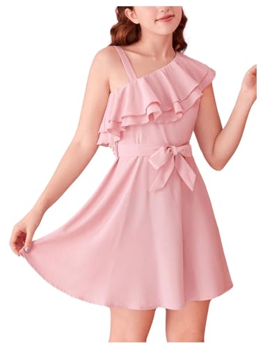Girl's Sleeveless Ruffle Dresses High Waisted A Line Summer Dress with Belt