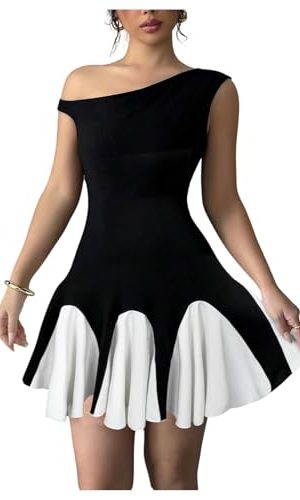 Women's Summer Off The Shoulder Mini Dress Color Block A Line Flared Cocktail Party Dresses