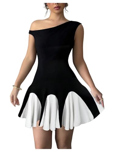 Women's Summer Off The Shoulder Mini Dress Color Block A Line Flared Cocktail Party Dresses