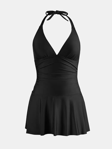 31olIKv3GoL.jpg Women's One Piece Swimdress V Neck Plunge Halter Self Tie Open Back Ruched Bathing Suit