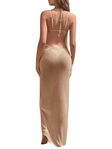 31p-molF3ML.jpg Women's Tie Backless Split Thigh Cover Up Maxi Dress Draped Cowl Neck Cami Dresses