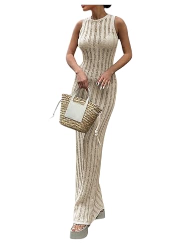 Women's Summer Sleeveless Bodycon Maxi Dress Sheer Knit Beach Vacation Long Dresses