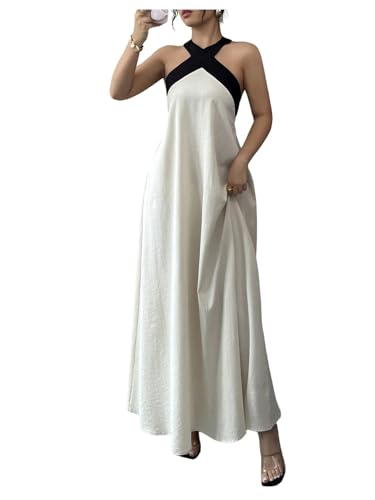31qqTJ21OJL.jpg Women's Backless Halter Maxi Dress Summer Bow Tie Flowy Vacation Party Dresses