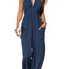 31r-vj2KhL.jpg Women's Plunge Halter Sleeveless Pleated Long Romper Knit Jogger Maxi Jumpsuit with Pockets