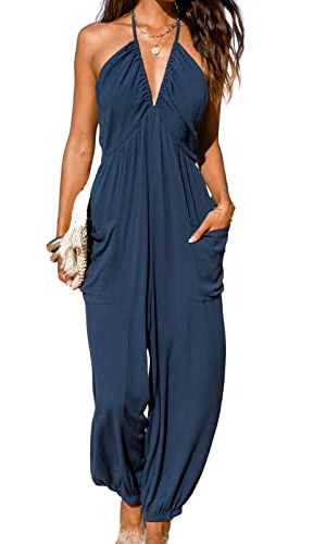 31r-vj2KhL.jpg Women's Plunge Halter Sleeveless Pleated Long Romper Knit Jogger Maxi Jumpsuit with Pockets