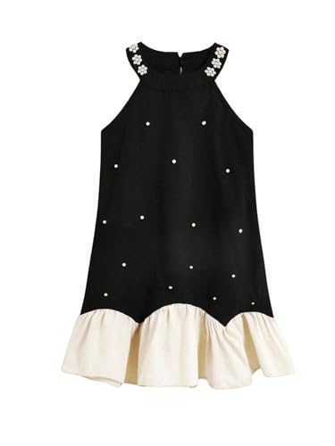 31rudAImqXL.jpg Girl's Pearl Halter Dress Sleeveless Ruffle Hem Color Block Cute Birthday Midi Dresses