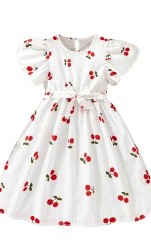 31vqQpTtFzL.jpg Girl's Cherry Print Short A Line Dress Short Sleeve Belted Flared Dress