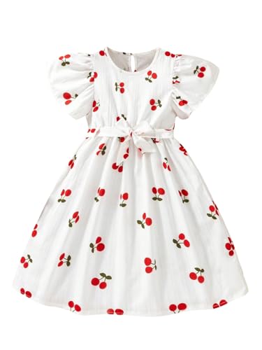 Girl's Cherry Print Short A Line Dress Short Sleeve Belted Flared Dress