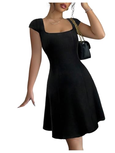 31xR9qRH7CL.jpg Women's Summer Dress Square Neck Cap Sleeve A Line Flared Short Dresses