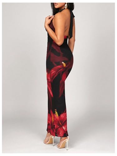 Women's Floral Halter Maxi Dress Draped Cowl Neck Backless Bodycon Wedding Guest Party Mesh Cocktail Long Dresses