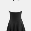 31yBaRN4dFL.jpg Women's One Piece Swimdress V Neck Plunge Halter Self Tie Open Back Ruched Bathing Suit