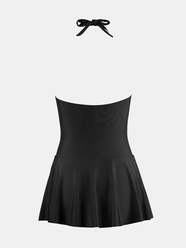 31yBaRN4dFL.jpg Women's One Piece Swimdress V Neck Plunge Halter Self Tie Open Back Ruched Bathing Suit