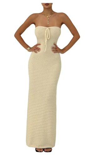 31zL8csEAL.jpg Women's Summer Crochet Tube Maxi Dress Tie Front Strapless Sleeveless Bodycon Knit Long Dresses