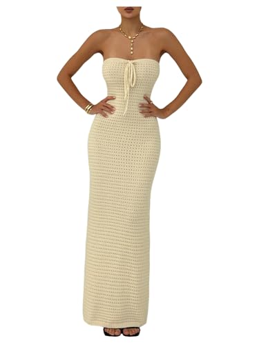 31zL8csEAL.jpg Women's Summer Crochet Tube Maxi Dress Tie Front Strapless Sleeveless Bodycon Knit Long Dresses