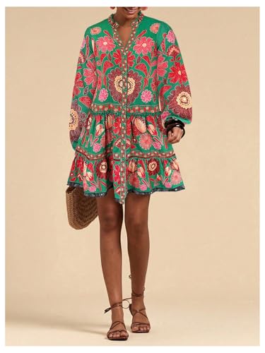 41-0BmJtkoL.jpg Women's Floral Print Summer Short Dresses Boho Beach Long Sleeve Button Down Flowy Smock Dress