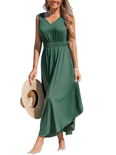 Women's Summer Casual Maxi Dress V Neck Sleeveless Elastic Waist Flowy Long Dress