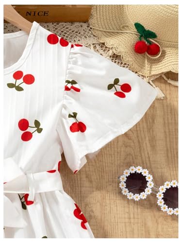 Girl's Cherry Print Short A Line Dress Short Sleeve Belted Flared Dress