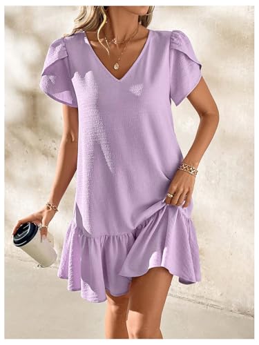 Women's Ruffle Puff Short Sleeve V Neck Textured Summer Short Dresses
