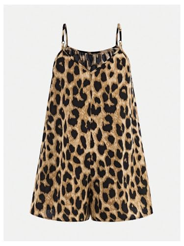 41-UalfMnqL.jpg Girl's Leopard Print Wide Leg Romper Spaghetti Strap Loose Summer Short Jumpsuit
