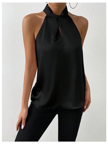 4107fXy-imL.jpg Womens Elegant Twist Front Halter Sleeveless Satin Blouse Keyhole Back Tank Top