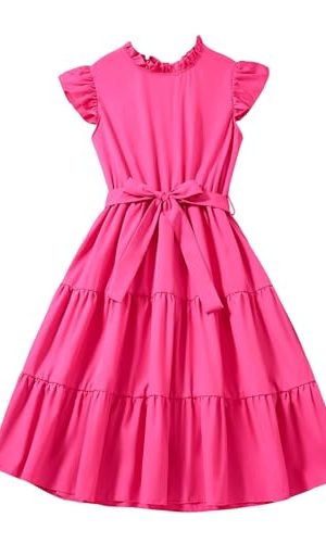 Girl's Ruffle Trim Dress High Waist A Line Casual Party Dress with Belt