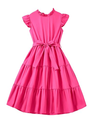 Girl's Ruffle Trim Dress High Waist A Line Casual Party Dress with Belt